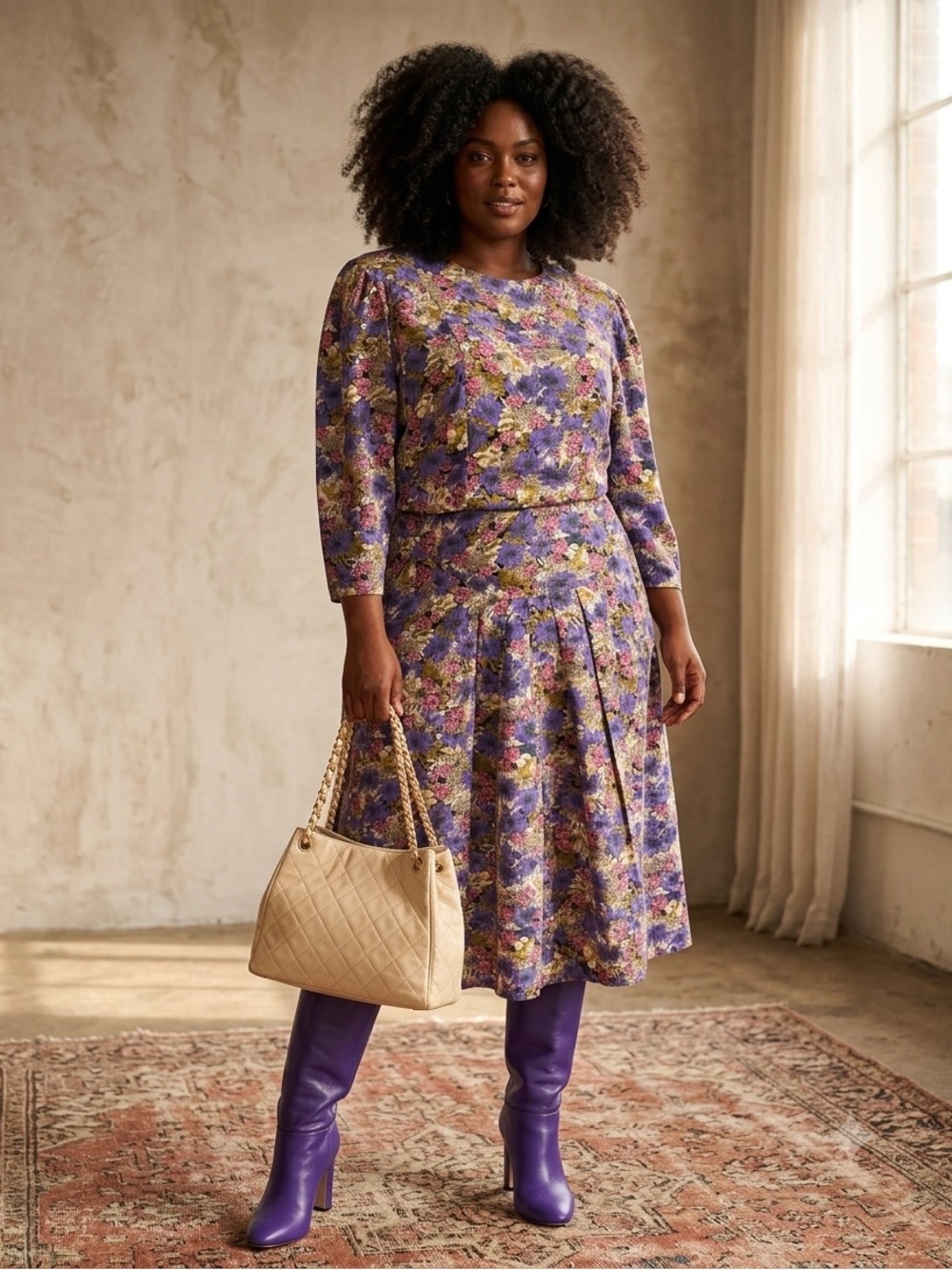 VINTAGE FLORAL PURPLE MIDI DRESS
